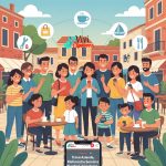 Illustrazione di una comunità diversificata a Capoterra, con icone di negozi e servizi che galleggiano, a rappresentare il supporto reciproco e la ricerca di attività locali.