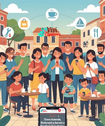 Illustrazione di una comunità diversificata a Capoterra, con icone di negozi e servizi che galleggiano, a rappresentare il supporto reciproco e la ricerca di attività locali.