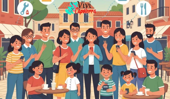 Illustrazione di una comunità diversificata a Capoterra, con icone di negozi e servizi che galleggiano, a rappresentare il supporto reciproco e la ricerca di attività locali.