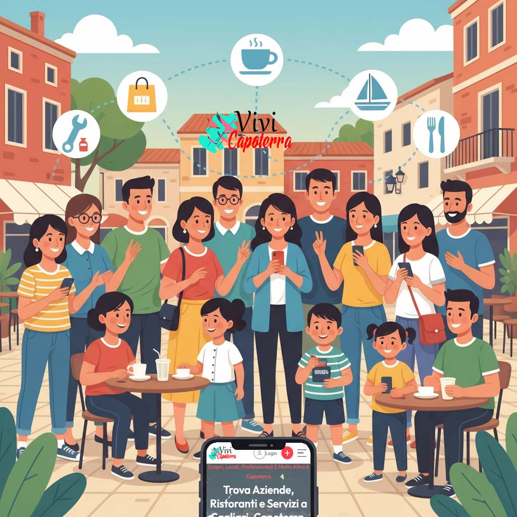 Illustrazione di una comunità diversificata a Capoterra, con icone di negozi e servizi che galleggiano, a rappresentare il supporto reciproco e la ricerca di attività locali.