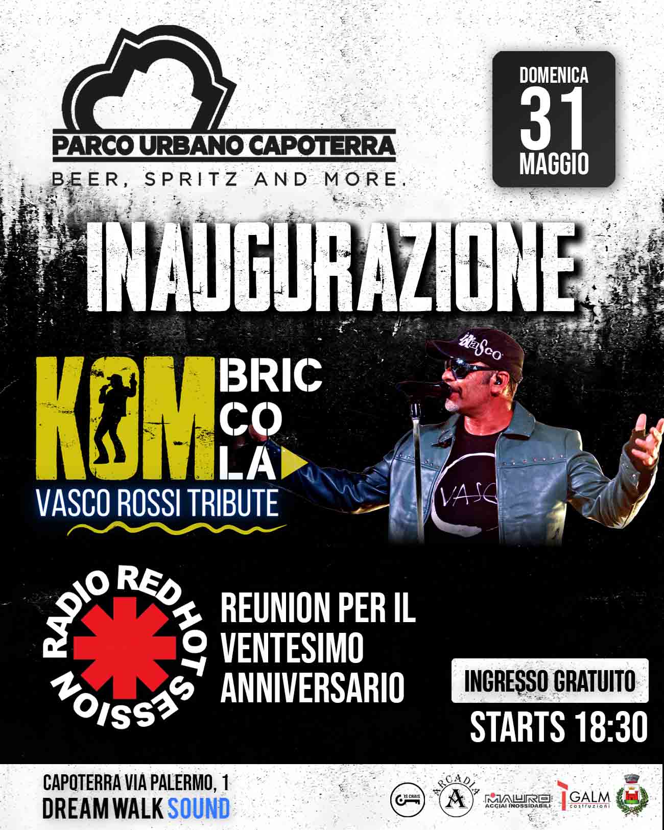 Parco Urbano Inaugurazione 31 Maggio 2026 Poster evento inaugurazione Parco Urbano Capoterra in via Palermo 1, domenica 31 maggio dalle 18:30. Ingresso libero con musica live, food e drink. Sul palco KOMbriccola Vasco Rossi Tribute e Radio Red Hot Session.