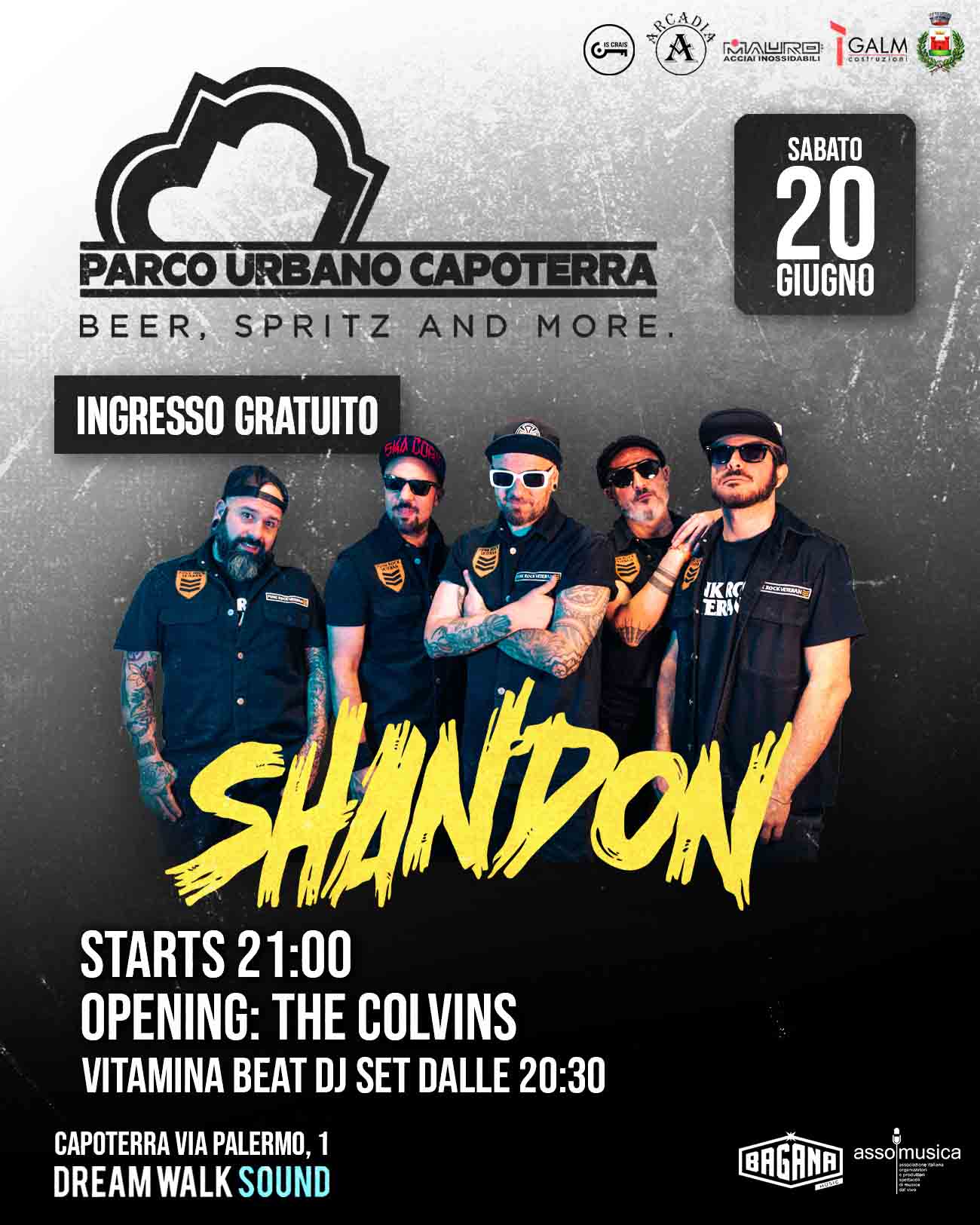 Gli Shandon in concerto gratuito al Parco Urbano di Capoterra sabato 20 giugno 2026. Dj set Vitamina Beat e The Colvins in apertura. Ingresso libero
