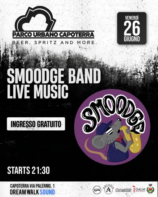 Locandina del concerto gratuito degli Smoodge Band, in programma venerdì 26 giugno alle 21:30 al Parco Urbano di Capoterra.