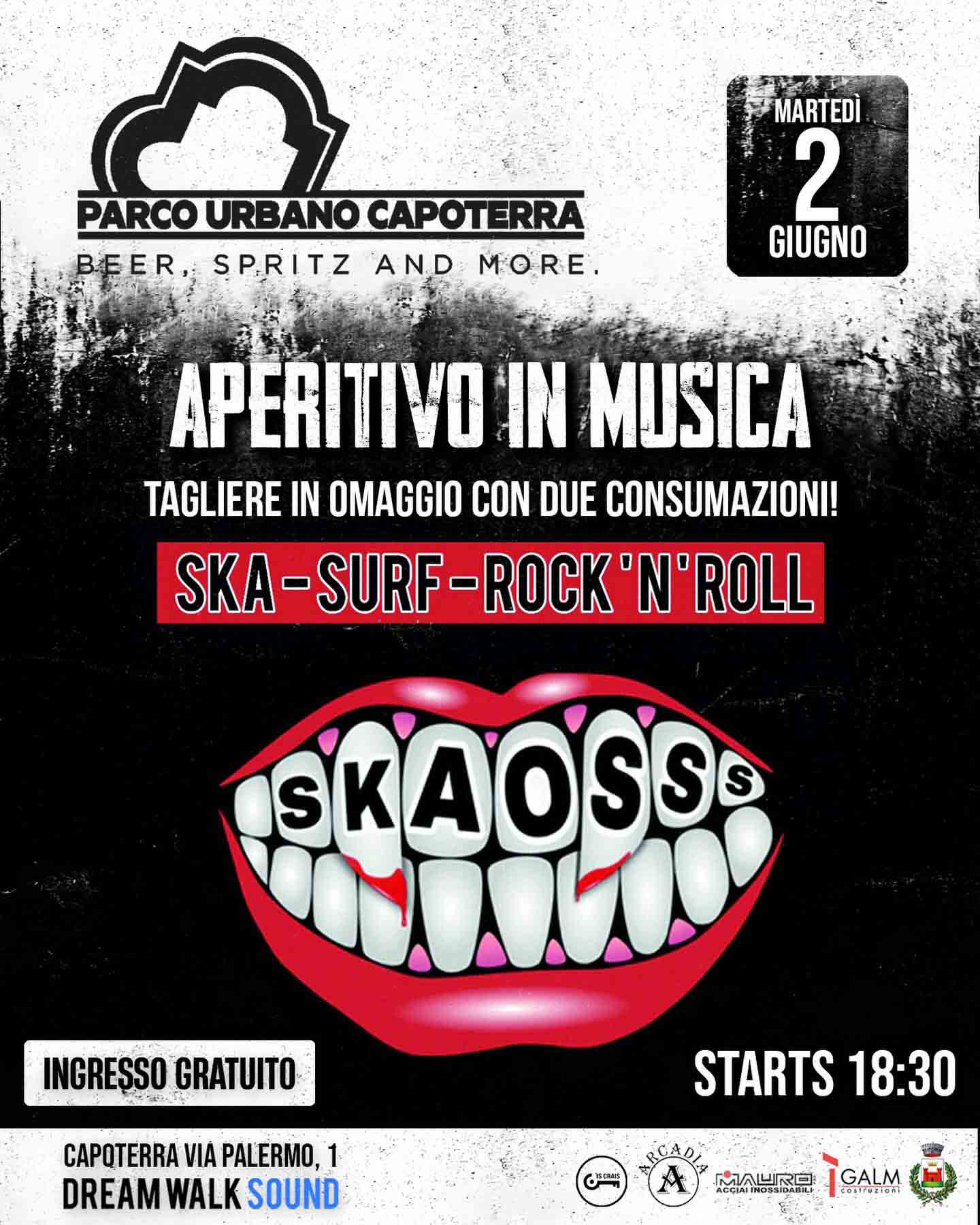 Locandina dell'Aperitivo in Musica al Parco Urbano Capoterra del 2 giugno, con concerto della band Skaosss e promozione tagliere in omaggio.