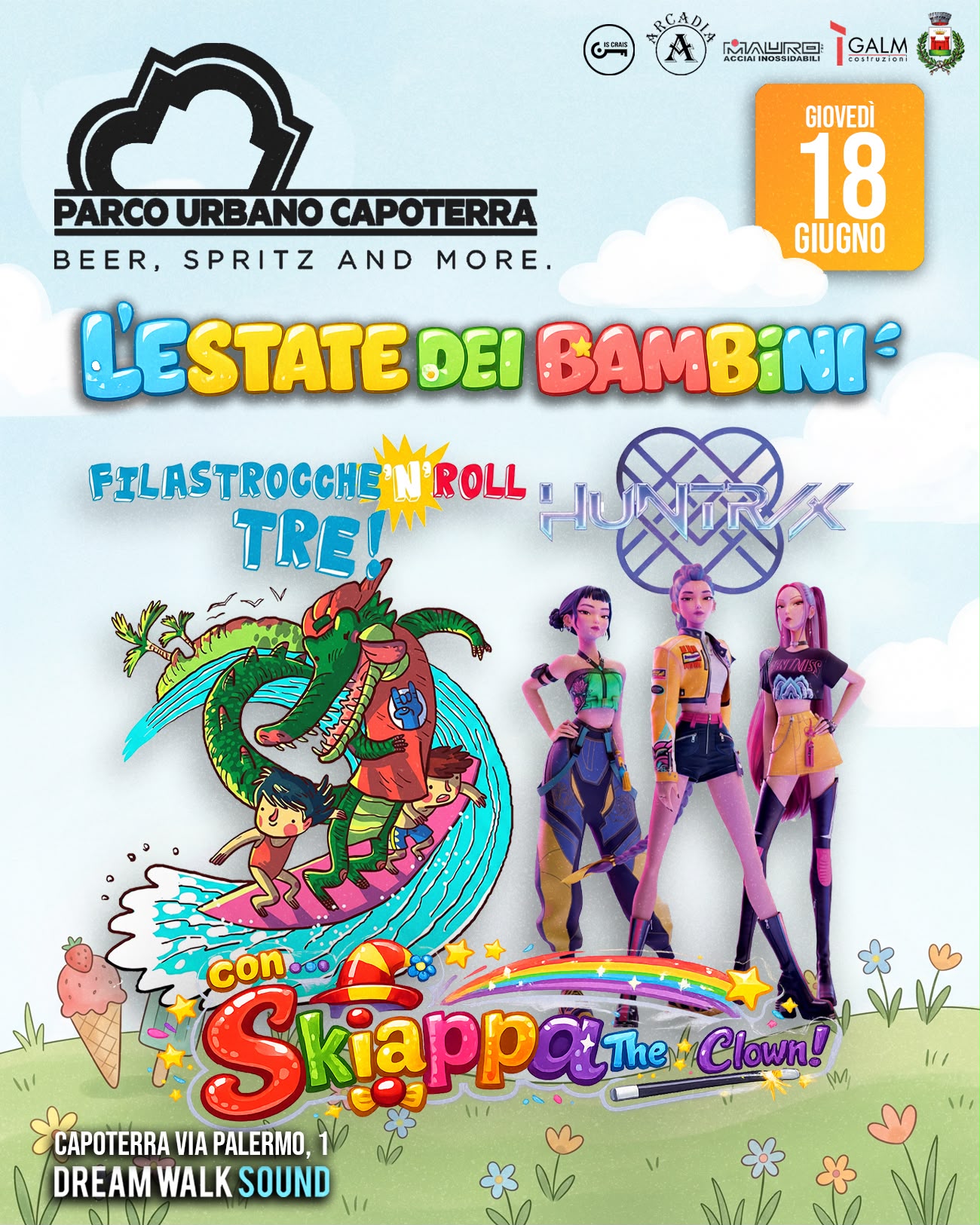 Locandina dell'evento L'Estate dei Bambini al Parco Urbano di Capoterra del 18 giugno, con spettacoli di Filastrocche'n'Roll, Huntrix e Skiappa The Clown.