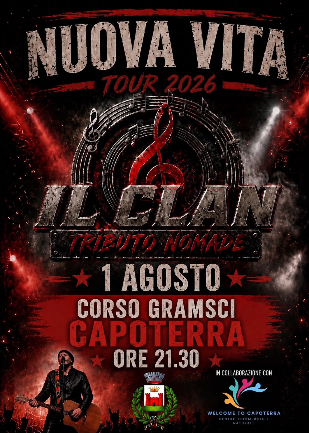 Locandina concerto Il Clan Tributo Nomadi Corso Gramsci Capoterra 1 Agosto 2026.