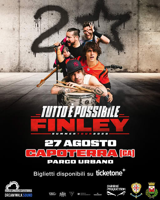 Locandina concerto Finley Tutto è possibile Summer Tour 2026 Parco Urbano Capoterra 27 Agosto.