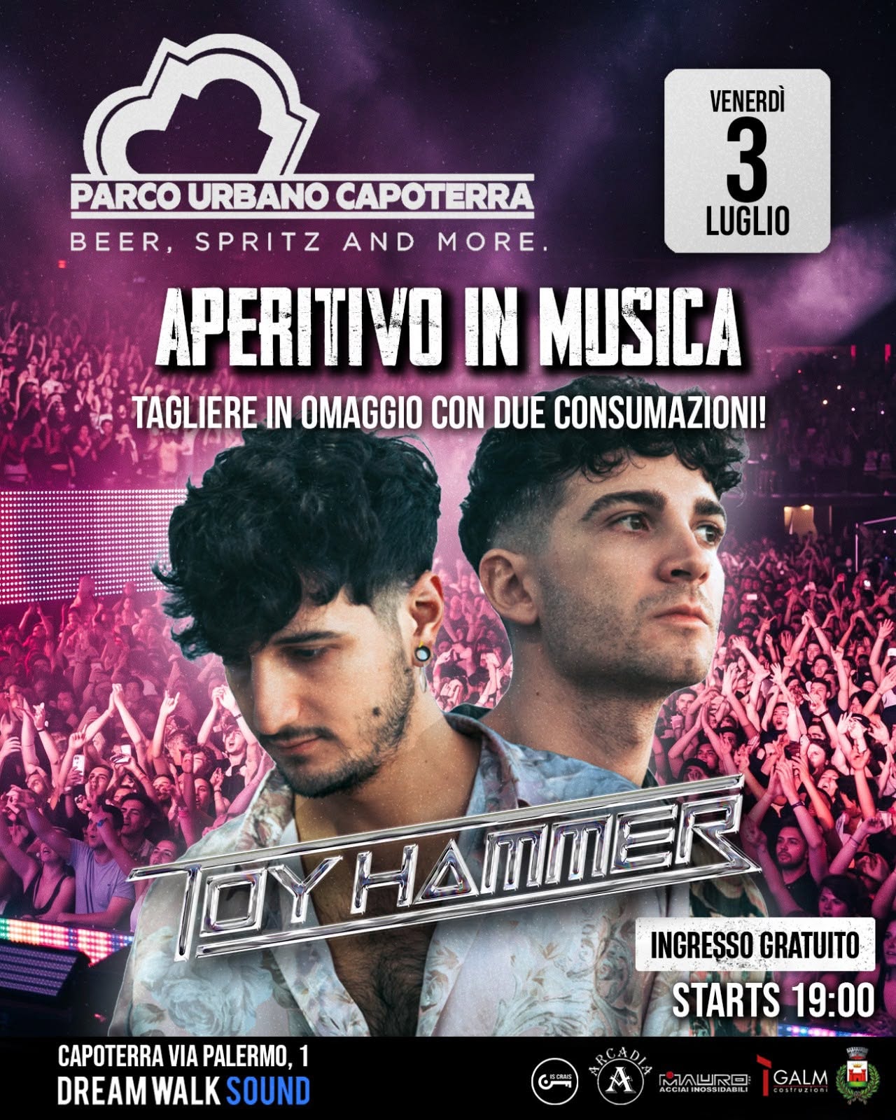 Locandina dell'Aperitivo in Musica con i Toy Hammer del 3 luglio al Parco Urbano di Capoterra.