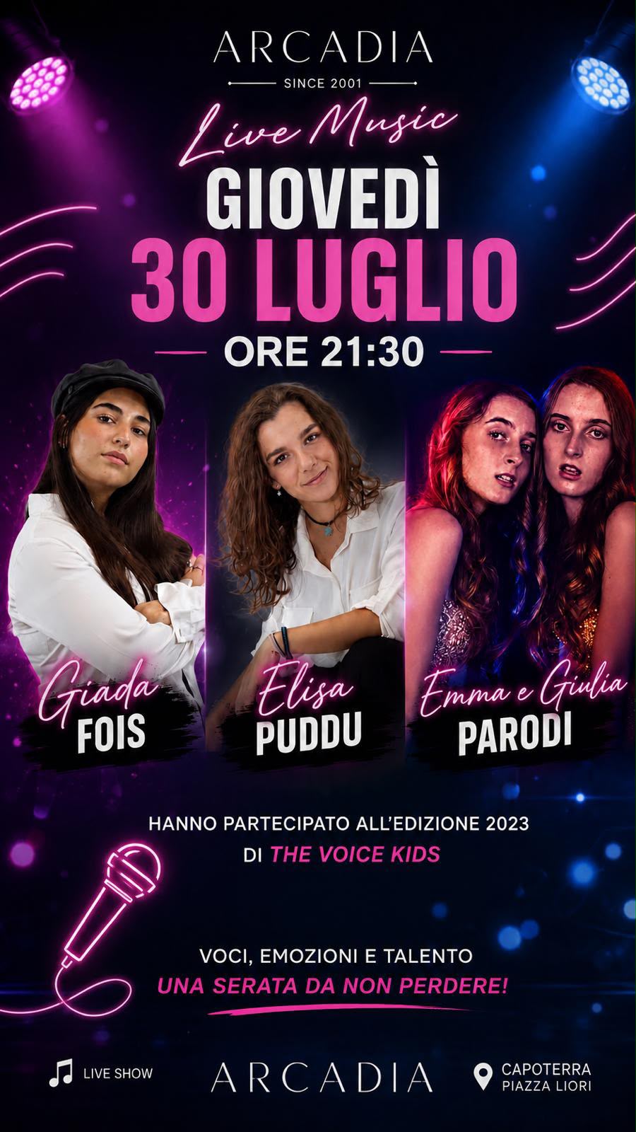 the voice kids capoterra, arcadia live music, musica dal vivo capoterra
