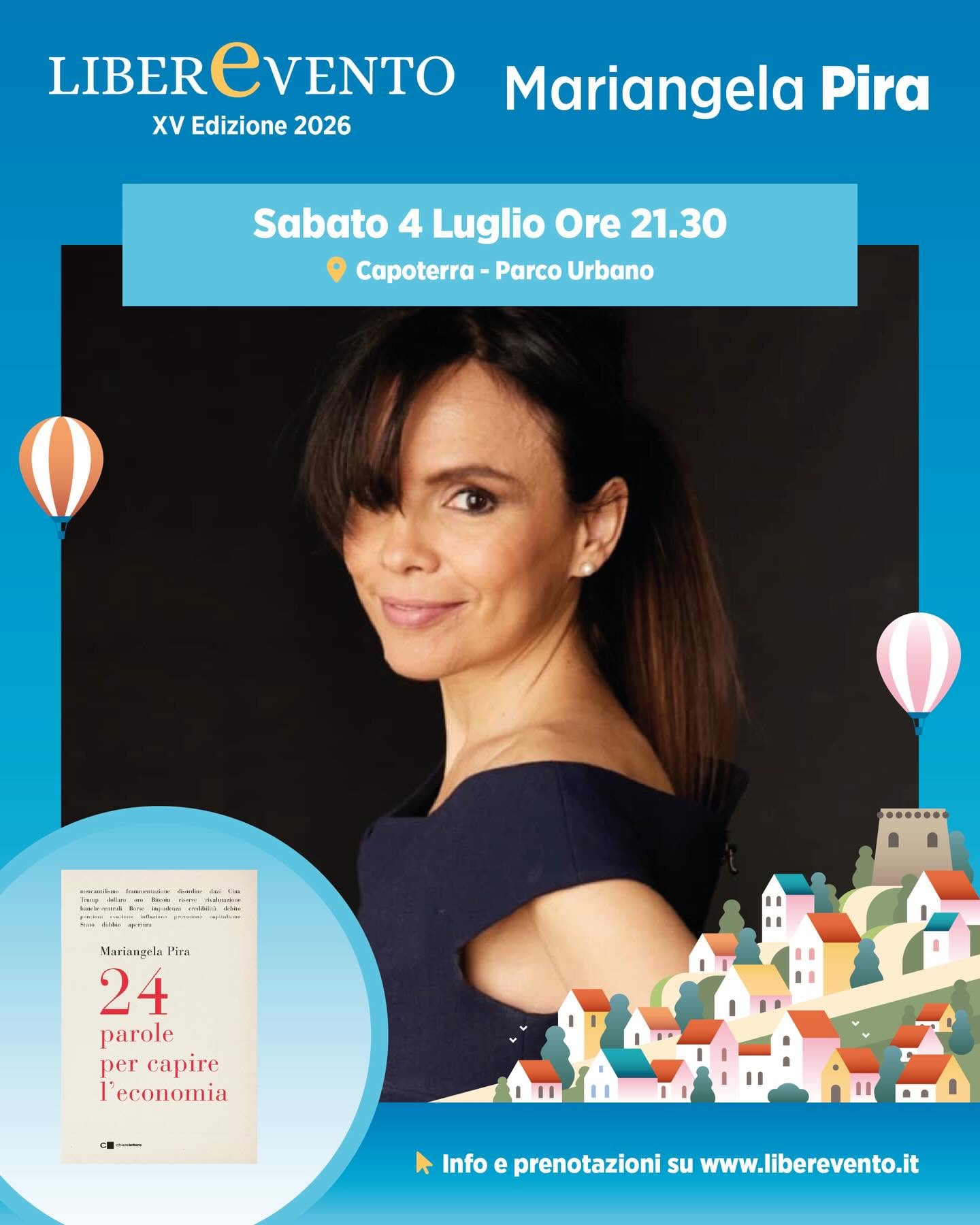 Locandina dell'incontro con la giornalista Mariangela Pira al Parco Urbano di Capoterra, in programma sabato 4 luglio per la XV edizione di Liberevento.