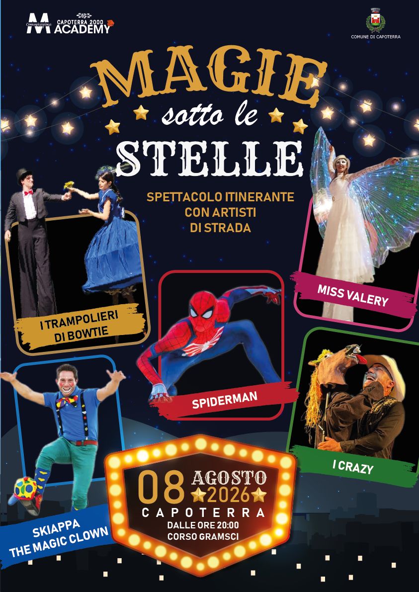 Locandina Magie sotto le Stelle spettacolo artisti di strada Corso Gramsci Capoterra 8 Agosto 2026