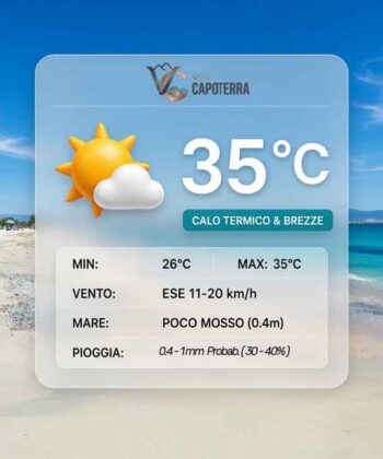 Previsioni meteo Capoterra sabato 29 agosto 2026: caldo persistente con massima di 35 gradi, cielo velato, brezza pomeridiana e mare poco mosso.