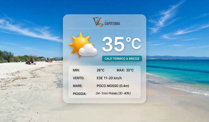 Previsioni meteo Capoterra sabato 29 agosto 2026: caldo persistente con massima di 35 gradi, cielo velato, brezza pomeridiana e mare poco mosso.