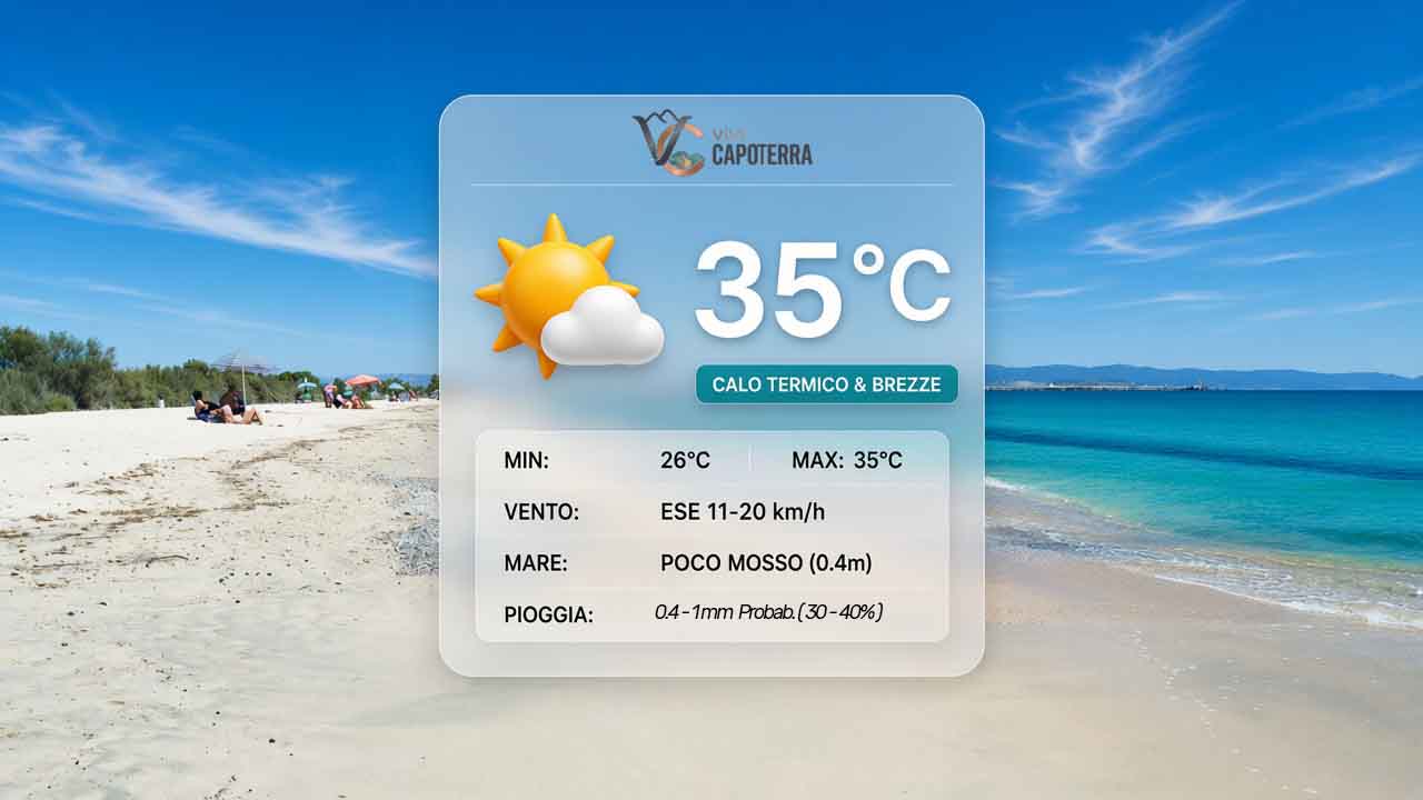 Previsioni meteo Capoterra sabato 29 agosto 2026: caldo persistente con massima di 35 gradi, cielo velato, brezza pomeridiana e mare poco mosso.