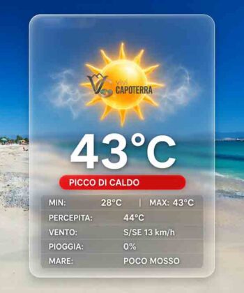Previsioni meteo Capoterra venerdì 28 agosto 2026: caldo record con temperatura massima di 43 gradi, minima 28 gradi, cielo poco nuvoloso e vento da sud.