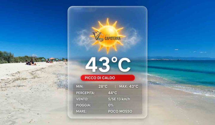Previsioni meteo Capoterra venerdì 28 agosto 2026: caldo record con temperatura massima di 43 gradi, minima 28 gradi, cielo poco nuvoloso e vento da sud.