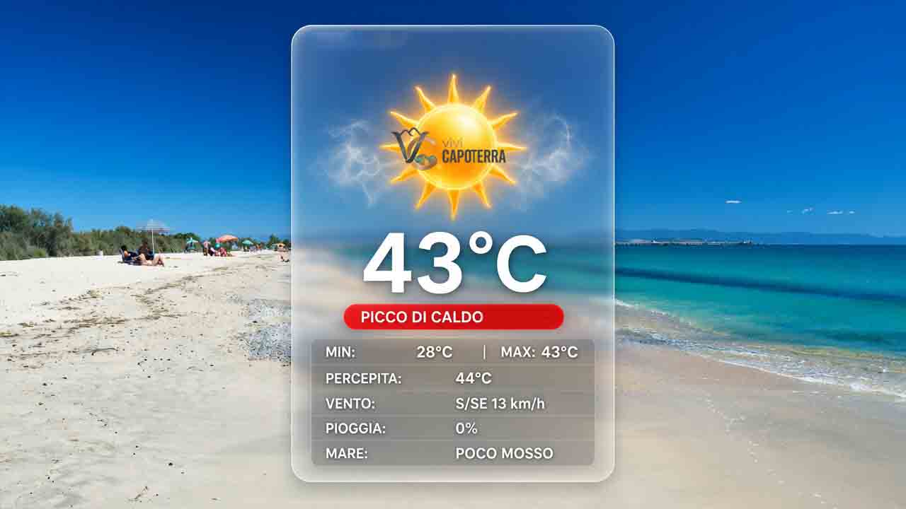 Previsioni meteo Capoterra venerdì 28 agosto 2026: caldo record con temperatura massima di 43 gradi, minima 28 gradi, cielo poco nuvoloso e vento da sud.