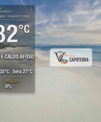 Previsioni meteo Capoterra 24 agosto 2026: cielo tra velature e nubi sparse, caldo afoso con massime a 32°C e notti tropicali a 27°C. I dettagli.