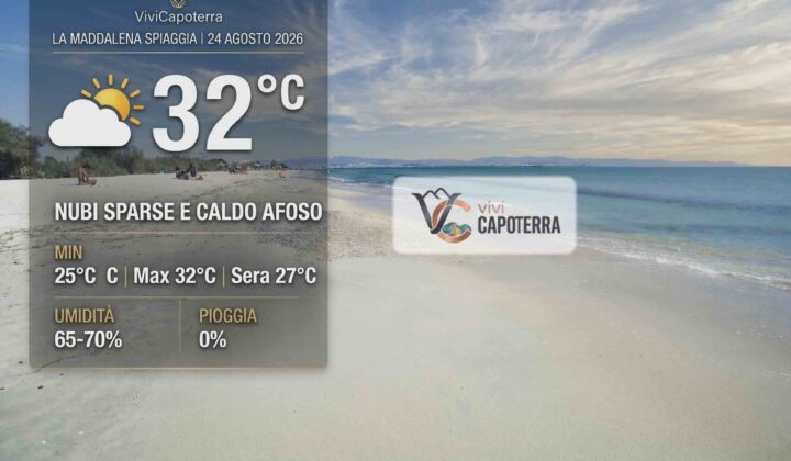 Previsioni meteo Capoterra 24 agosto 2026: cielo tra velature e nubi sparse, caldo afoso con massime a 32°C e notti tropicali a 27°C. I dettagli.