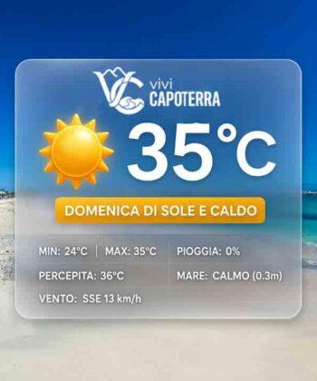 Previsioni meteo Capoterra domenica 30 agosto 2026: cielo sereno, temperatura massima di 35 gradi, minima 24 gradi, brezza da sud-sud-est e mare poco mosso.