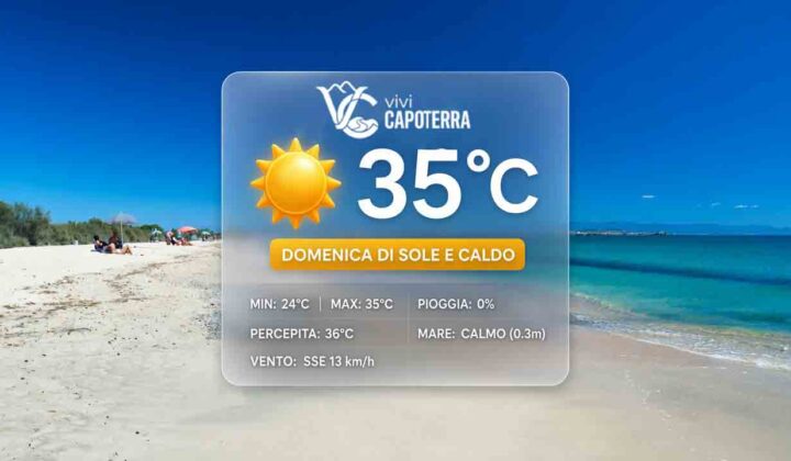 Previsioni meteo Capoterra domenica 30 agosto 2026: cielo sereno, temperatura massima di 35 gradi, minima 24 gradi, brezza da sud-sud-est e mare poco mosso.