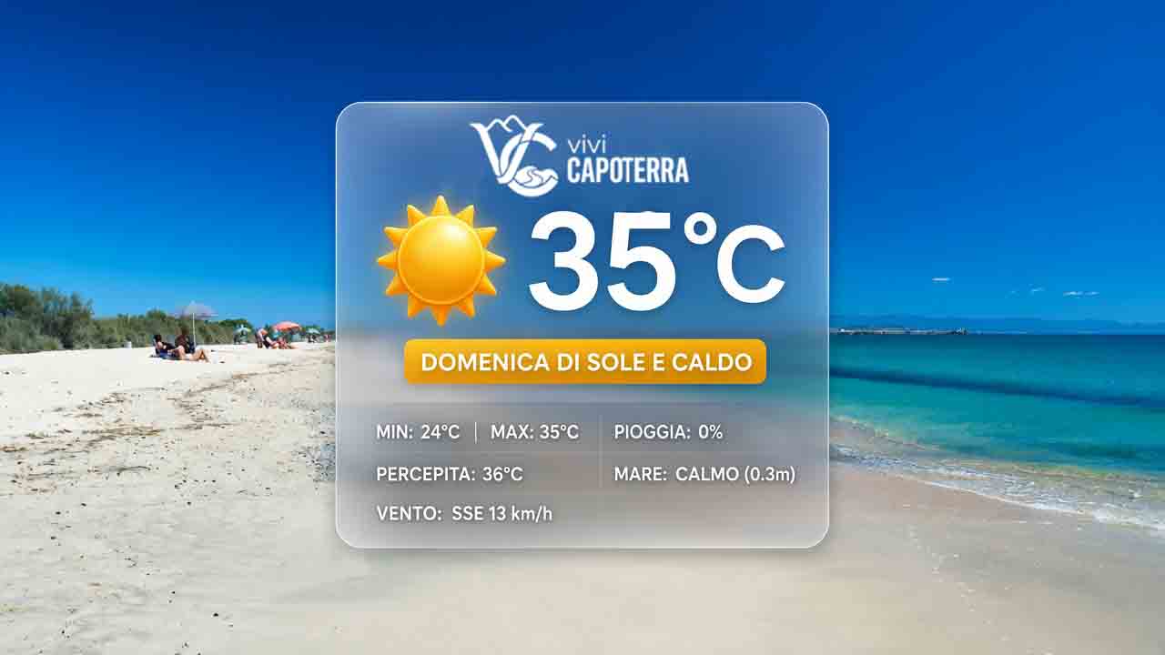Previsioni meteo Capoterra domenica 30 agosto 2026: cielo sereno, temperatura massima di 35 gradi, minima 24 gradi, brezza da sud-sud-est e mare poco mosso.