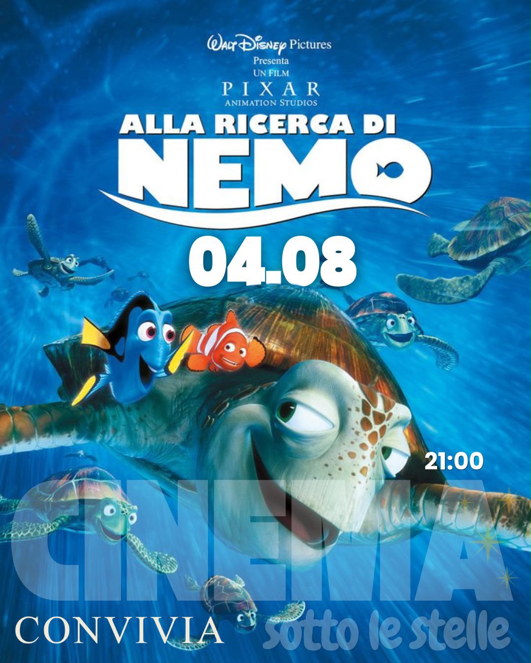 proiezione convivia.jpeg). Alt Text: Locandina proiezione film Alla ricerca di Nemo Convivia Capoterra 4 Agosto.