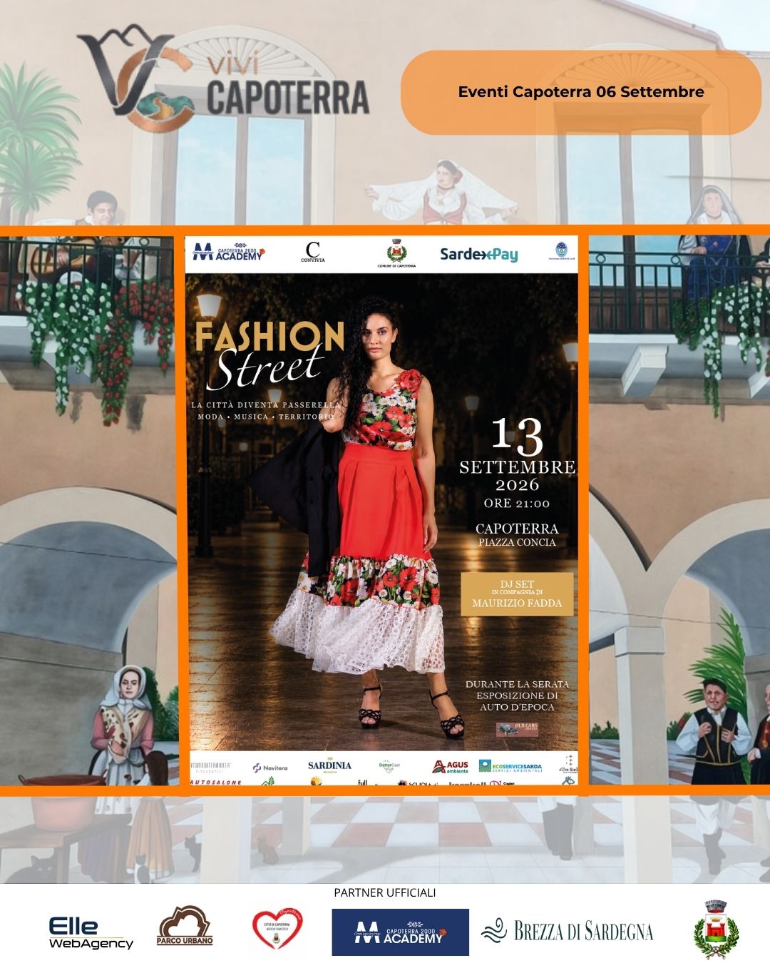 Fashion Street a Capoterra domenica 13 settembre 2026 in Piazza Concia: sfilata di moda, DJ set con Maurizio Fadda ed esposizione di auto d'epoca.