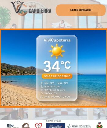 Previsioni meteo Capoterra martedì 8 settembre 2026: sole, massime sui 34°C e brezza pomeridiana. Dal 10 settembre netto crollo termico e temporali.