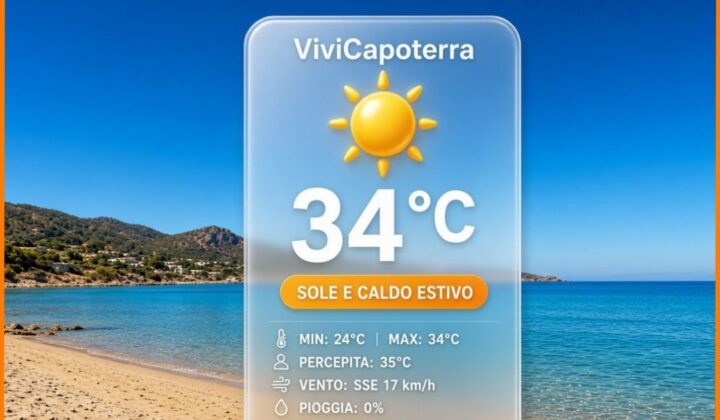Previsioni meteo Capoterra martedì 8 settembre 2026: sole, massime sui 34°C e brezza pomeridiana. Dal 10 settembre netto crollo termico e temporali.