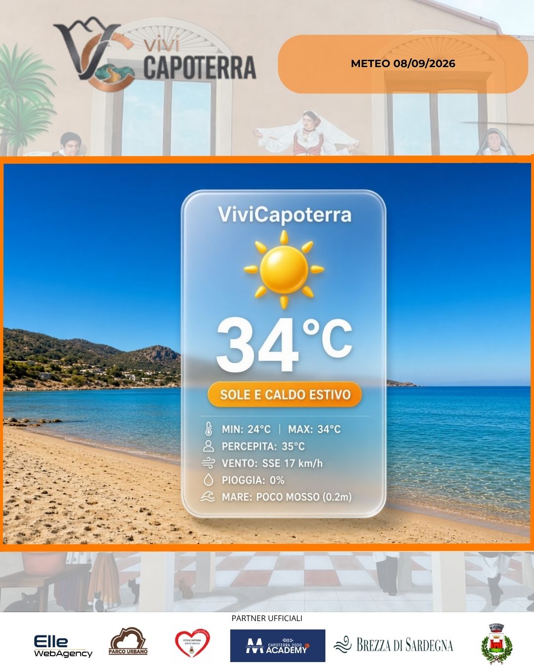 Previsioni meteo Capoterra martedì 8 settembre 2026: sole, massime sui 34°C e brezza pomeridiana. Dal 10 settembre netto crollo termico e temporali.