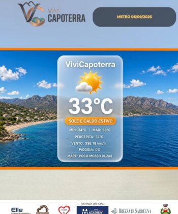 Previsioni meteo Capoterra lunedì 7 settembre 2026: sole e caldo fino a 33°C, brezza di scirocco. In arrivo un break temporalesco a metà settimana.