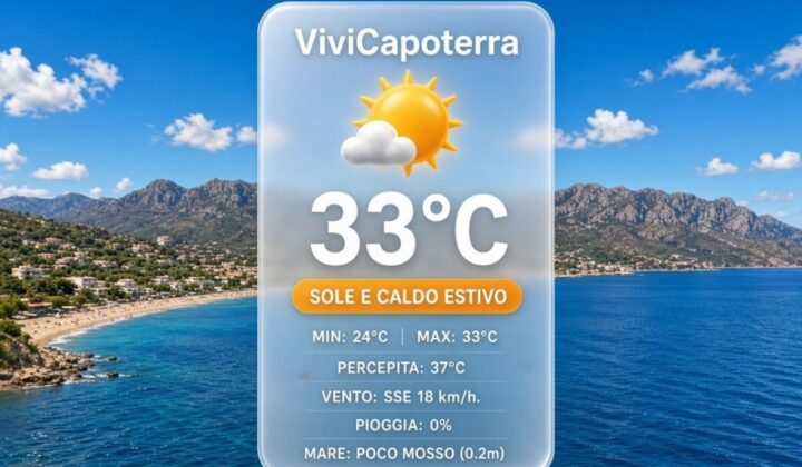Previsioni meteo Capoterra lunedì 7 settembre 2026: sole e caldo fino a 33°C, brezza di scirocco. In arrivo un break temporalesco a metà settimana.