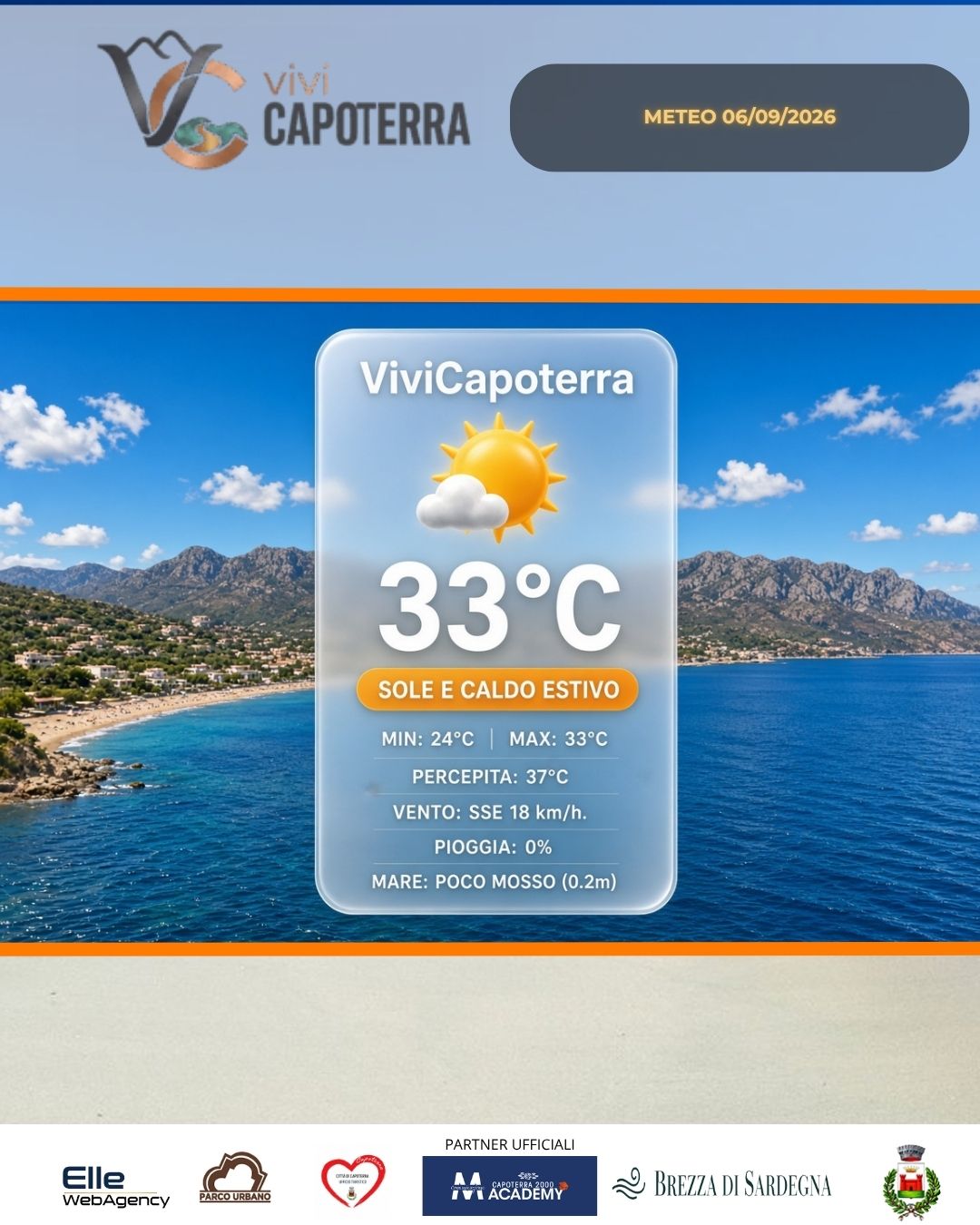 Previsioni meteo Capoterra lunedì 7 settembre 2026: sole e caldo fino a 33°C, brezza di scirocco. In arrivo un break temporalesco a metà settimana.
