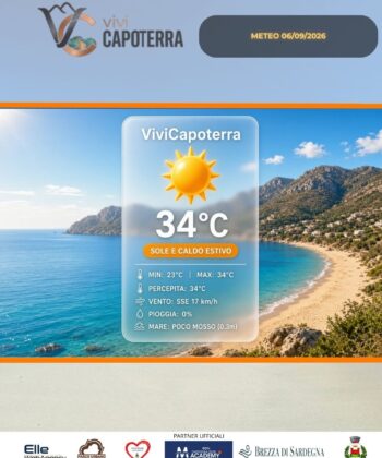 Previsioni meteo Capoterra domenica 6 settembre 2026: sole pieno, massime sui 34°C e brezza pomeridiana. In vista un break a metà settimana.