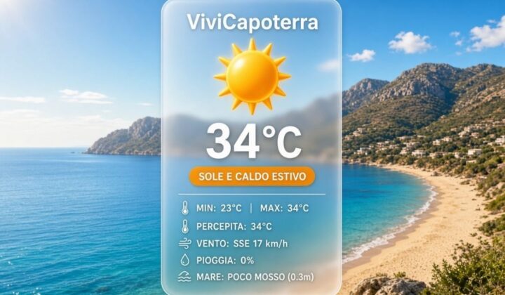 Previsioni meteo Capoterra domenica 6 settembre 2026: sole pieno, massime sui 34°C e brezza pomeridiana. In vista un break a metà settimana.
