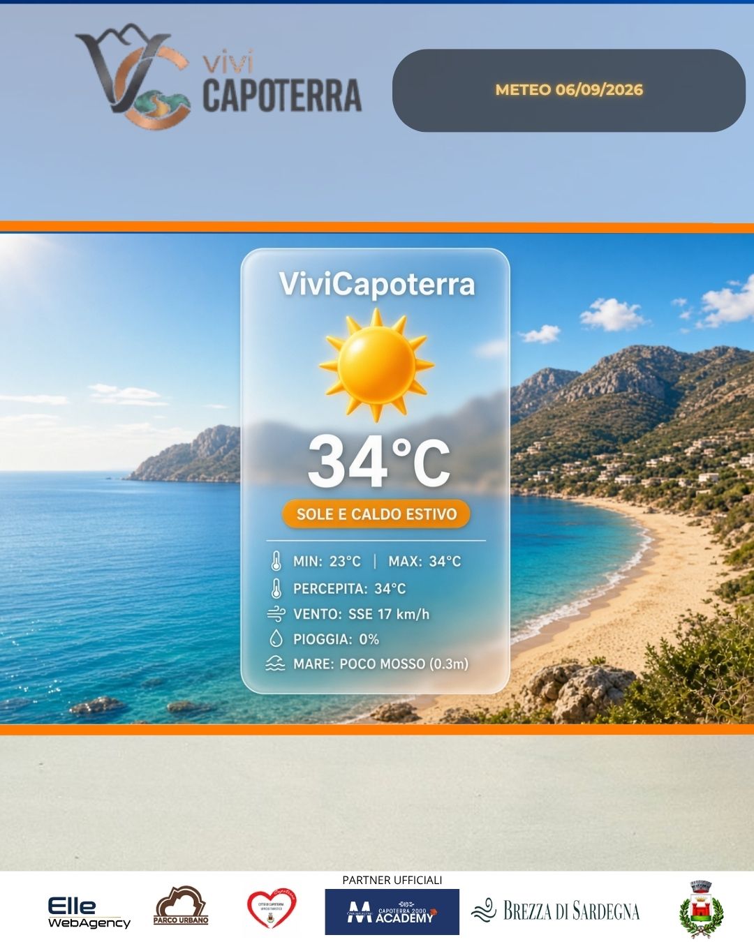 Previsioni meteo Capoterra domenica 6 settembre 2026: sole pieno, massime sui 34°C e brezza pomeridiana. In vista un break a metà settimana.