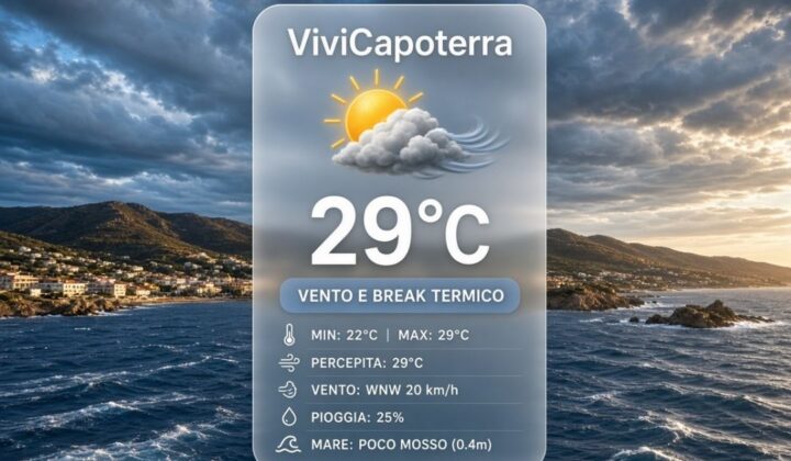Previsioni meteo Capoterra giovedì 10 settembre 2026: crollo termico, maestrale e nubi per il break estivo. Dettagli orari, allerta ESTOFEX e tendenza.