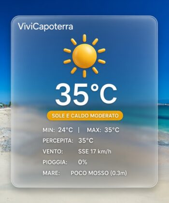 Previsioni meteo Capoterra mercoledì 2 settembre 2026: cielo sereno, temperatura massima di 35 gradi, minima 24 gradi, venti da sud-sud-est e mare poco mosso.