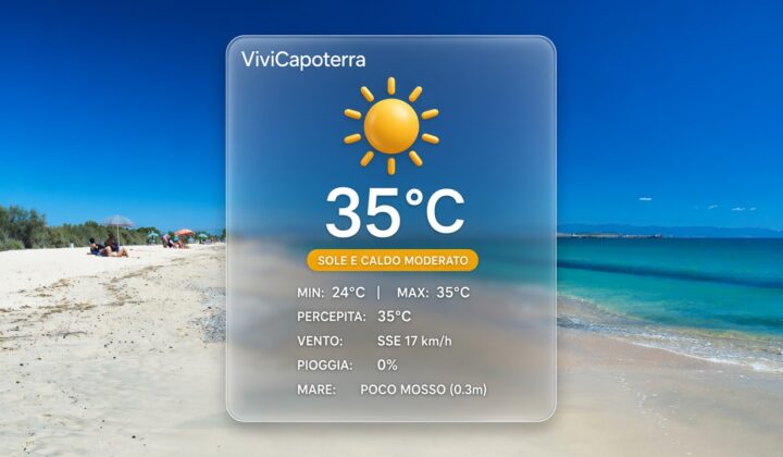 Previsioni meteo Capoterra mercoledì 2 settembre 2026: cielo sereno, temperatura massima di 35 gradi, minima 24 gradi, venti da sud-sud-est e mare poco mosso.