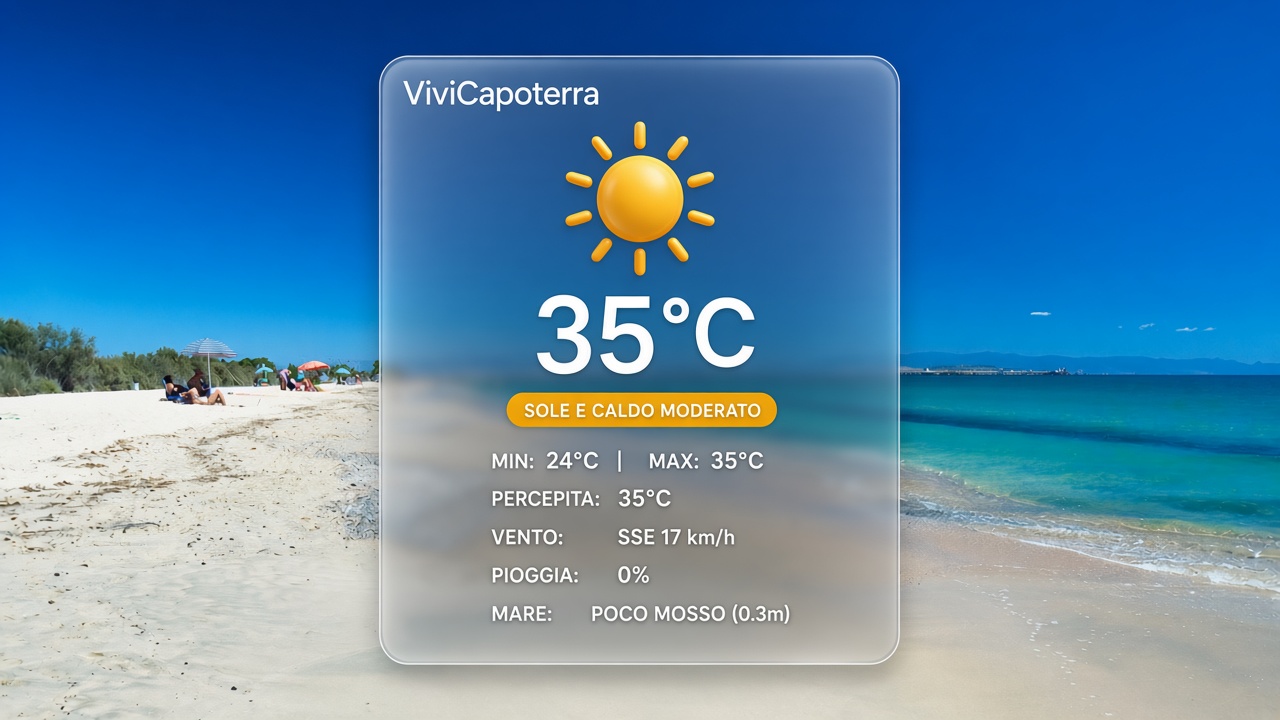 Previsioni meteo Capoterra mercoledì 2 settembre 2026: tempo stabile, sole e massime sui 35°C. Previsioni meteo Capoterra mercoledì 2 settembre 2026: cielo sereno, temperatura massima di 35 gradi, minima 24 gradi, venti da sud-sud-est e mare poco mosso.
